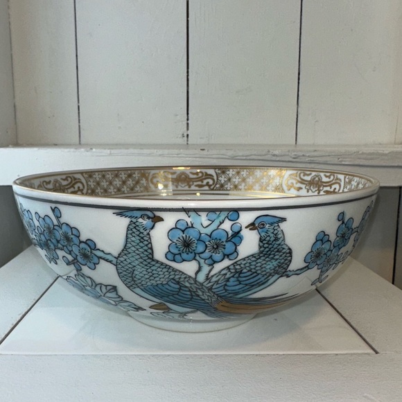 Gold Imari Hand-Painted Porcelain Bowl Birds & Floral Design Vintage Blue & Gold - Picture 7 of 12